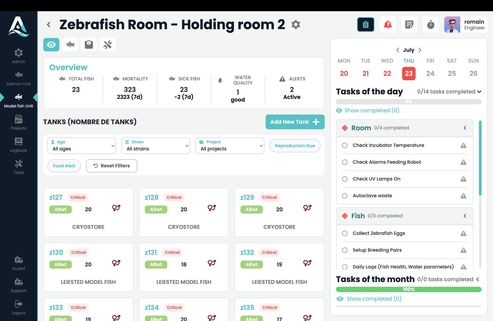 ARLOW on desktop - Zebrafish room overview