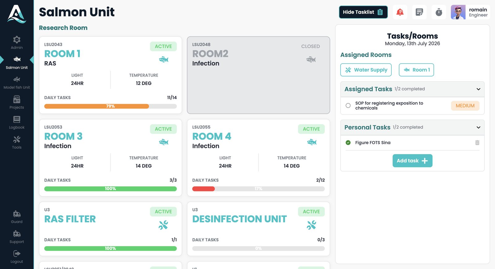 ARLOW dashboard - Salmon Unit rooms and task list